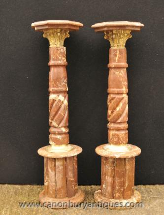 Pair Italian Marble Tall Column Pedestal Stand Tables